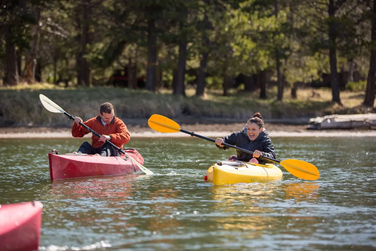 A lively scene of kayakers paddling on a broad, shimmering waterway, framed by lush green trees in the background. The mood is joyful and adventurous, capturing both the thrill and serenity of river exploration.